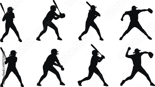 Baseball player silhouettes set featuring batting pitching and catching poses isolated on white background sports activity vector illustration
