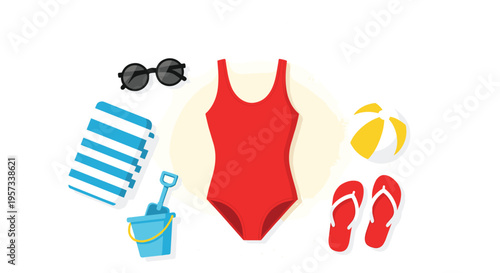 A red swimsuit, sunglasses, a striped towel, a sand bucket, a beach ball, and flip-flops are arranged on a white background.