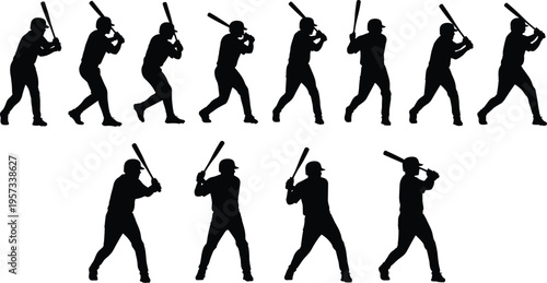 Baseball player silhouettes set showing batting stances and swing phases, dynamic sport action collection isolated on white background, training concept