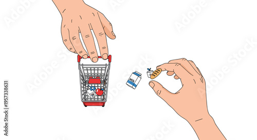 Two hands interact with a miniature shopping cart filled with groceries and hold a milk carton and bread on a white background.
