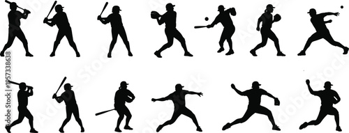 Baseball player silhouettes set showing batting, pitching and catching actions, dynamic sport movement collection isolated on white background training concept