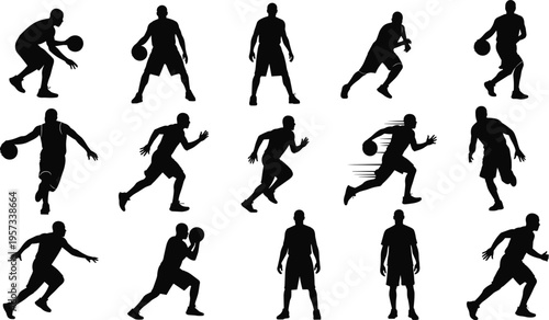 Basketball player silhouettes set featuring dribbling running shooting and standing poses isolated on white background dynamic sports vector illustration