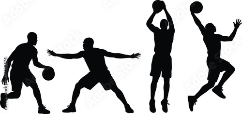 Basketball player silhouettes set featuring dribbling, defending, shooting and jumping action poses isolated on white background for sports design