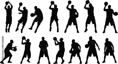 Basketball player silhouettes set featuring dribbling shooting passing and defensive poses isolated on white background dynamic sports vector illustration