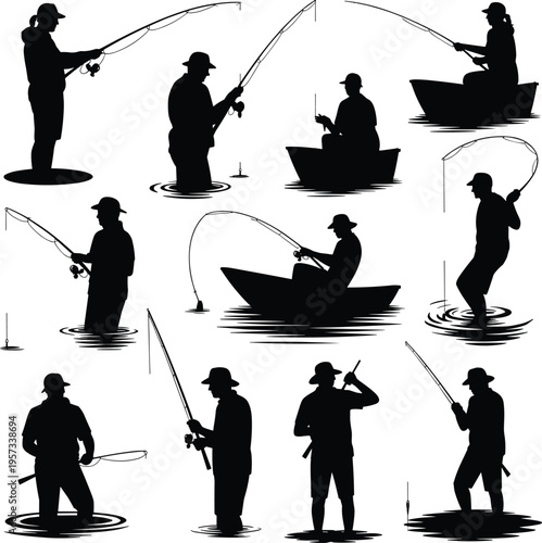 PrintFishing silhouette pattern design, angler activity illustration, outdoor sport artwork, fisherman icon vector, recreational hobby graphic, water ripple symbol background