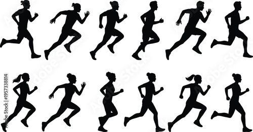 Collection of male and female running silhouettes in sprint and jogging motion isolated on white background for fitness and sports design use