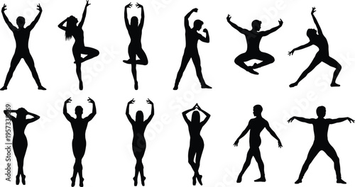 Dance and fitness silhouettes set showing expressive poses, jumping, stretching and movement, active lifestyle collection isolated on white background concept