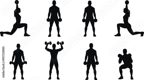 Dumbbell workout silhouettes set showing lunges, squats and shoulder press exercises, strength training routine isolated on white background fitness concept