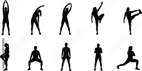 Fitness exercise silhouettes set featuring stretching yoga warm up and workout poses isolated on white background healthy lifestyle vector illustration