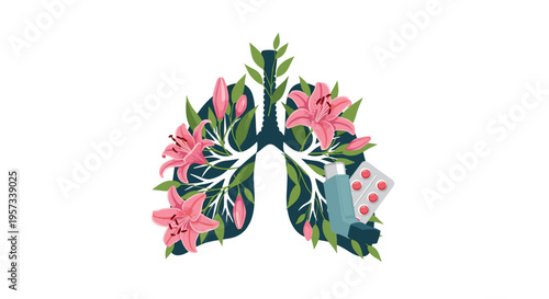Stylized teal lungs filled with pink lilies and green leaves are accompanied by an asthma inhaler and red pills on a white background.