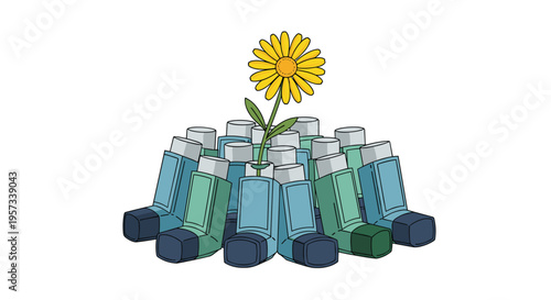 A yellow daisy flower grows from a mound of blue and green asthma inhalers on a clean white background.