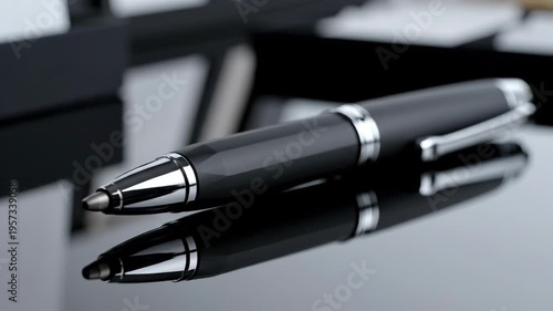 An elegant black ballpoint pen with chrome accents rests isolated in a sleek office supply product shot of professional stationery design.