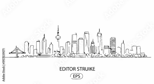 City skyline with tall buildings.