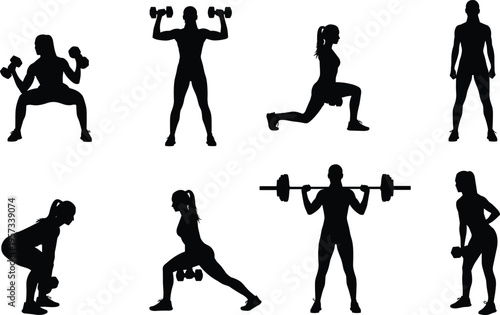 Fitness training silhouettes set with dumbbell and barbell exercises, including squats, lunges and presses, gym workout collection isolated on white background