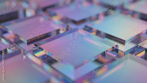 Pastel holographic glass square plate shapes glow on a macro background in a vibrant rainbow dispersion light render.