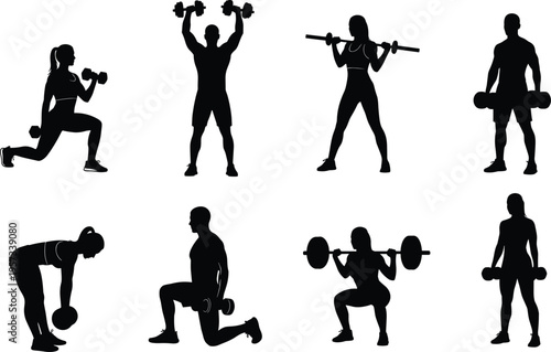 Fitness workout silhouettes set showing dumbbell and barbell exercises, including lunges, squats and presses, gym training collection isolated on white background