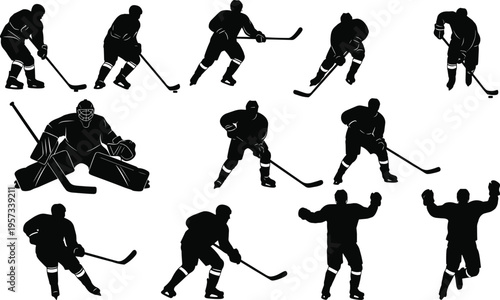 Ice hockey player silhouettes set showing skating, puck handling and goalie actions, dynamic winter sport collection isolated on white background concept