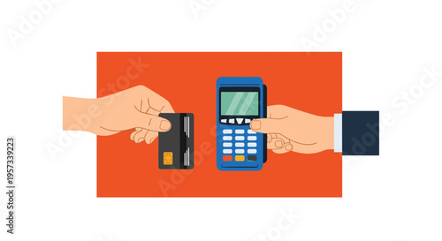 A hand holds a black credit card while another hand holds a blue POS terminal on a solid orange background.