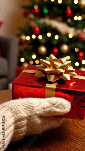 Hand in glove holding wrapped present on table with Christmas tree in background, giving gift