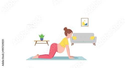 A pregnant woman in a yellow top and pink leggings performs yoga on a blue mat in a living room with a sofa and plant.
