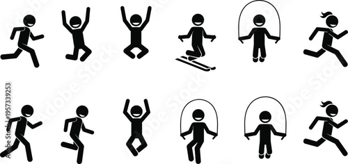 Jump rope and running stick figure icons set showing cardio exercises, active lifestyle symbols in minimal design isolated on white background