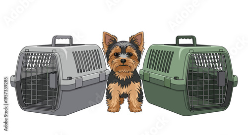 A Yorkshire Terrier dog sits between a grey pet carrier and a green pet carrier on a plain white background.