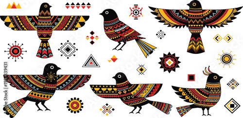 Ethnic Folk Art Birds Set with Geometric Patterns and Tribal Ornament Decorative Animal Design Vector Illustration Collection