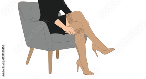 A woman sits in a grey armchair, adjusting her sheer, lace-top stockings on a white background.