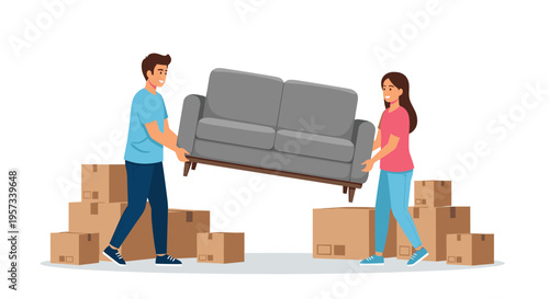 A man and a woman carry a grey sofa between stacks of cardboard moving boxes on a white background.