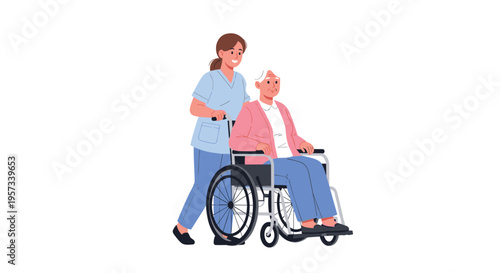 A female caregiver pushes an elderly woman in a wheelchair on a white background.