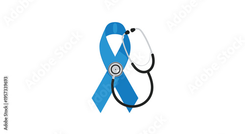 A blue awareness ribbon is displayed with a stethoscope draped over it on a white background.