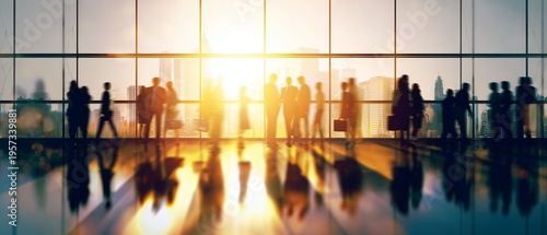 motion blur image of business people crowd walking at corporate office, blurred background, business center concept, golden hour color tone. High quality