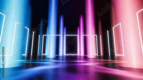 Glowing laser light pillars in vivid modern colors rise from a polished floor casting aurora-style gradients across the surface.