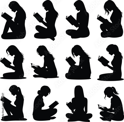 PrintReading silhouette pattern design, student learning illustration, book lover icon vector, education artwork graphic, knowledge symbol background, study activity design