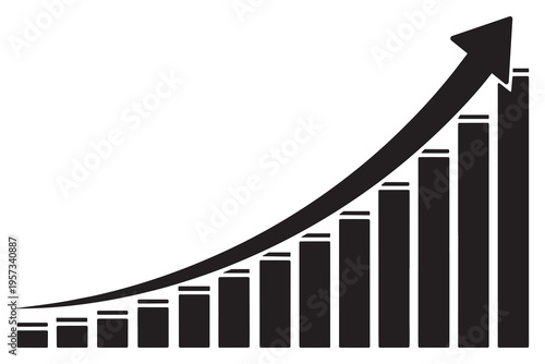 Black bar chart graph with arrow pointing upwards showing growth trend analysis