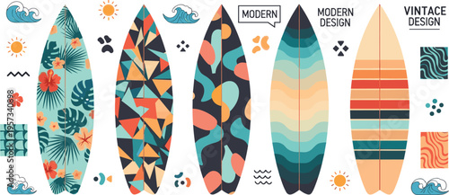 Surfboard Collection with Modern, Vintage and Geometric Designs Colorful Surf Boards Set Beach Lifestyle Vector Illustration
