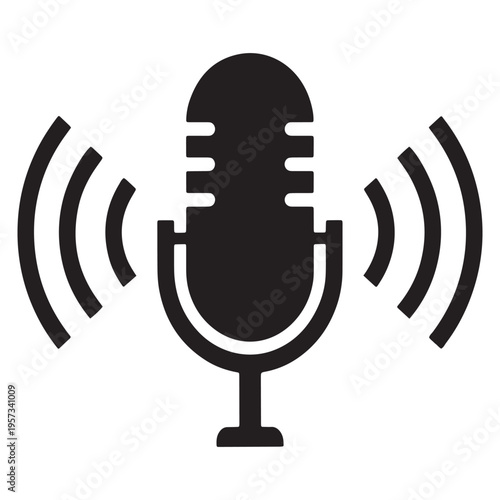 Microphone icon with sound waves coming out in black and white