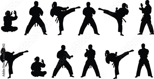 Karate martial arts silhouettes set showing kicks, fighting stances and combat techniques, dynamic training collection isolated on white background concept