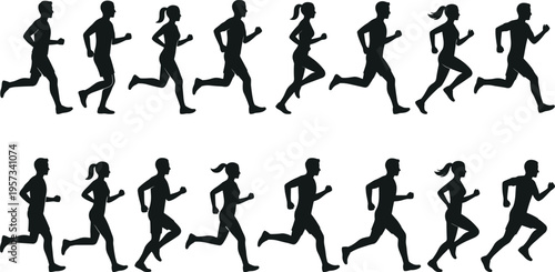 Large set of male and female runner silhouettes in continuous jogging and sprint motion isolated on white background for fitness design use