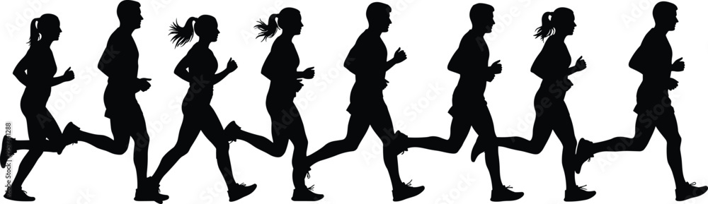 Fototapeta premium Running people silhouettes set showing men and women jogging in continuous motion, dynamic fitness activity sequence isolated on white background concept