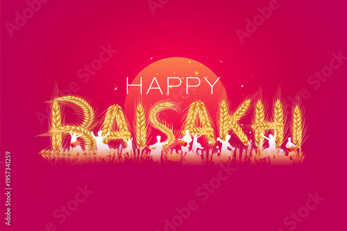 Joyful Punjabi sikh dance with Happy Baisakhi typo created of using golden wheat on vibrant red background.