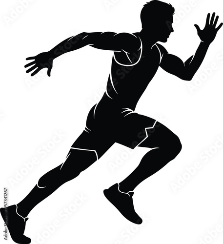 Running athlete silhouette in sprint pose showcasing speed power and motion isolated on white background fitness sports vector illustration