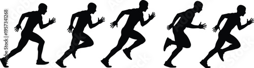 Running man silhouettes sequence showing sprint motion phases, dynamic athletic movement progression isolated on white background, speed and fitness concept