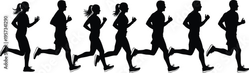 Running people silhouettes set featuring men and women jogging in sequence isolated on white background fitness lifestyle vector illustration