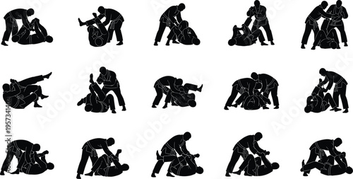 Self defense and combat silhouettes set showing grappling, ground fighting and control techniques, martial arts training collection isolated on white background