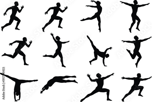 Set of athletic male silhouettes performing running, jumping and acrobatic poses, dynamic sport action figures isolated on white background