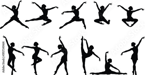 Set of ballet dancer silhouettes performing elegant jumps poses and movements isolated on white background for dance and artistic design use