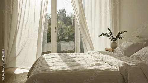 Sunlit minimalist bedroom interior with white linen bedding, sheer curtains gently blowing over glass doors, wooden floor and bedside table with eucalyptus vase — calm morning lifestyle footage for re