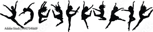 Set of dancing silhouettes showing expressive movement, jumping poses and dynamic female dancer figures isolated on white background