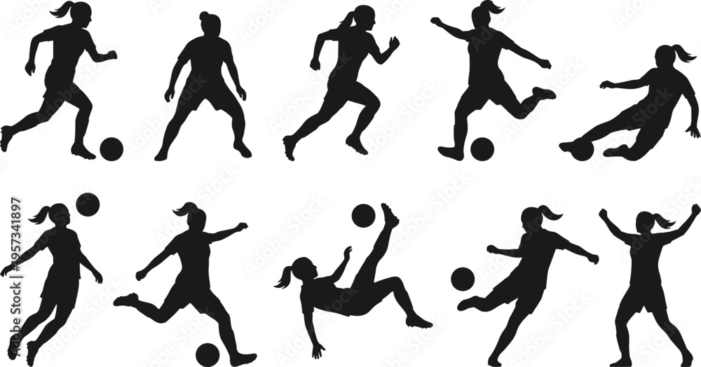 Obraz premium Set of female soccer player silhouettes performing dribbling, kicking and jumping actions, football sport figures isolated on white background
